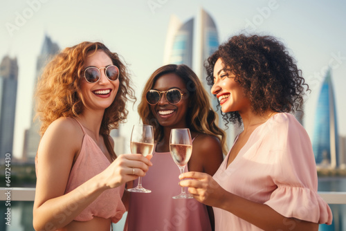 Group of happy rich and stylish woman friends clinking with glasses of wine, celebrating holiday in Dubai with skyline and skyscrapers in the background © Jasmina