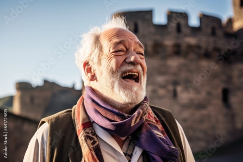 Medium shot portrait photography of a grinning mature man coughing wearing a fashionable tube top at the edinburgh castle scotland. With generative AI technology