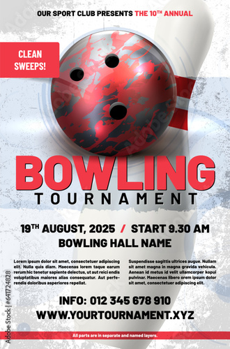 Bowling tournament poster template with ball and sample text