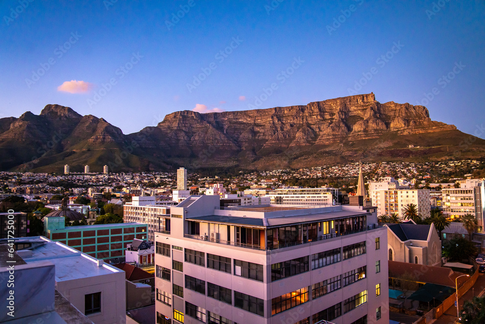 Naklejka premium Aerial view of Cape Town city centre at sunset in Western Cape, South Africa