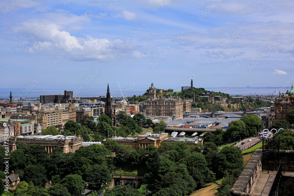 The high angle view of Edinburgh landscape from Edinburgh castle, Scotland, England. Travel and nature scene.