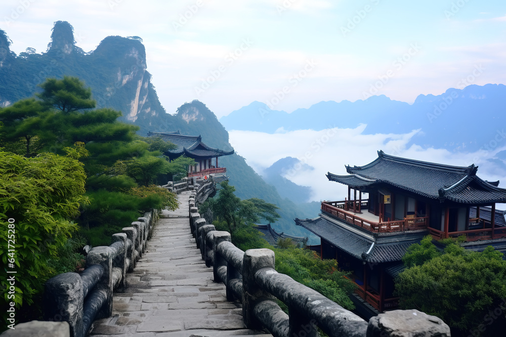 Fototapeta premium Chinese ancient buildings on the cliff outdoors