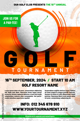Golf tournament poster template with ball and sample text