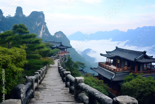 Chinese ancient buildings on the cliff outdoors