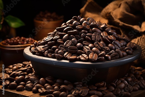 Roasted coffee beans in a ceramic bowl on a wooden background. 