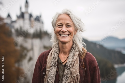Medium shot portrait photography of a grinning mature woman frowning showing off a lace bralette at the neuschwanstein castle germany. With generative AI technology photo