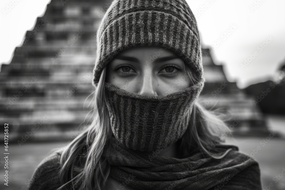 Photography in the style of pensive portraiture of a happy girl in her 20s raising an eyebrow wearing a functional balaclava at the chichen itza yucatan mexico. With generative AI technology