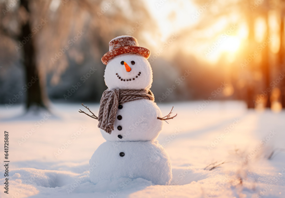 Cheerful snowman with red hat and shawl in winter forest at sunset Cheerful snowman with red hat and shawl in winter forest at sunset