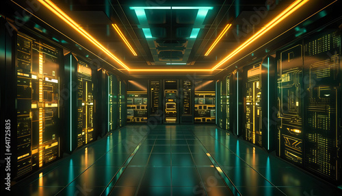 Amidst a dark backdrop, the server room hums with technology, a realm of blinking lights and whirring machinery driving digital connectivity.