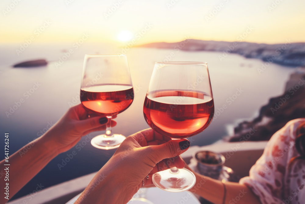 Group of happy female friends celebrating holiday clinking glasses of rose wine in Santorini