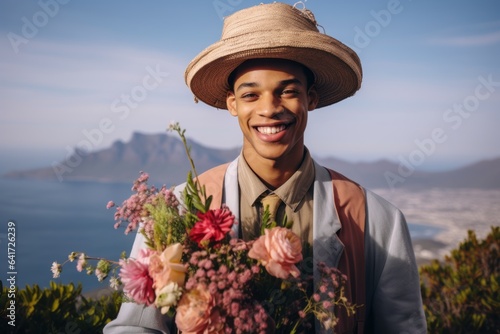 Close-up portrait photography of a joyful boy in his 30s holding a bouquet of flowers donning a sophisticated pillbox hat at the table mountain in cape town south africa. With generative AI technology