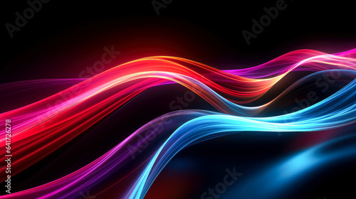 Bright light track with dark background, in the style of light azure and pink, linear composition, linear abstraction, light trails motions on dark background
