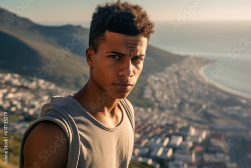 Environmental portrait photography of a content boy in his 20s cupping hand behind ear showing off a cute crop top at the table mountain in cape town south africa. With generative AI technology