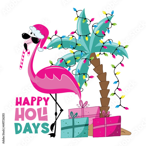 Happy Holidays - flamingo in Santa hat, and with candy cane, palm tree with christmas lights and gift boxes. Good for T shirt print, greeting card, poster, label, and other dec