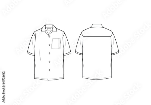 Men's cuban collar shirt flat sketch illustration, single patch pocket short sleeves template & mock up.