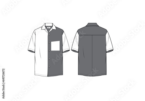 Men's cuban collar shirt flat sketch illustration, single patch pocket short sleeves template & mock up.