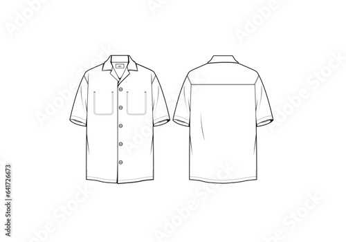 Men's cuban collar shirt flat sketch illustration, Double patch pocket short sleeves template & mock up. 