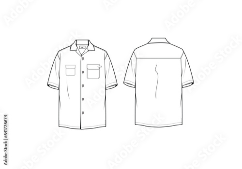 Men's cuban collar shirt flat sketch illustration, Double patch pocket short sleeves template & mock up. 