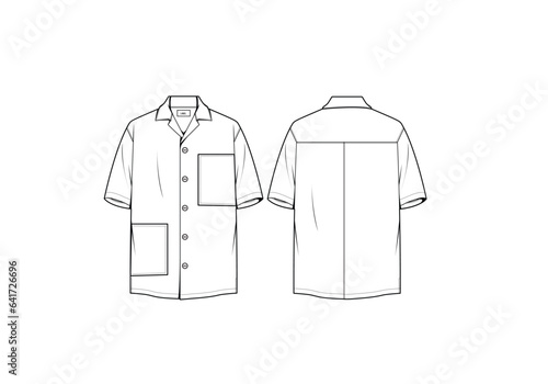 Men's cuban collar shirt flat sketch illustration, Double patch pocket short sleeves template & mock up. 