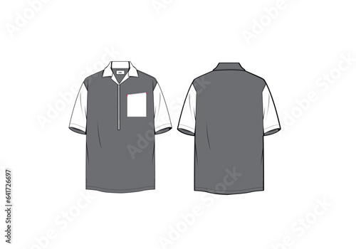 Men's cuban collar shirt flat sketch illustration, single patch pocket short sleeves template & mock up. with Color blocking