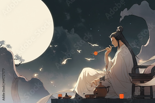Ancient Chinese poet Li Bai composes poems under the moonlight photo