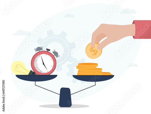 Time is money concept, hand with coins, flat vector illustration