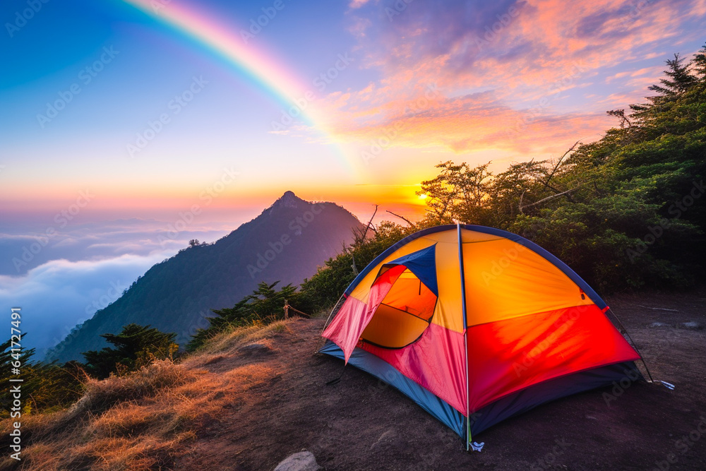 Ai generated image of tent on the top mountain with rainbow view