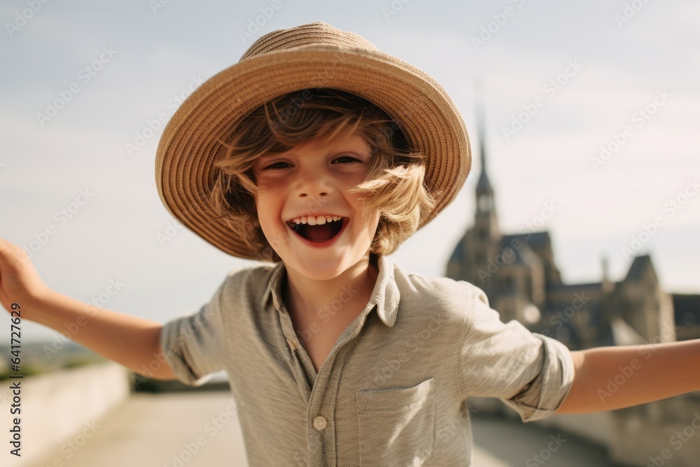 Lifestyle portrait photography of a glad boy in his 30s pinching bridge of nose showing off a whimsical sunhat at the mont saint-michel in normandy france. With generative AI technology