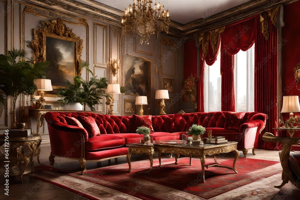 interior of a restaurant ,Deluxe classic style living room interior upholstered with red velvet, large sofa, ceramic, plants and decorative painting