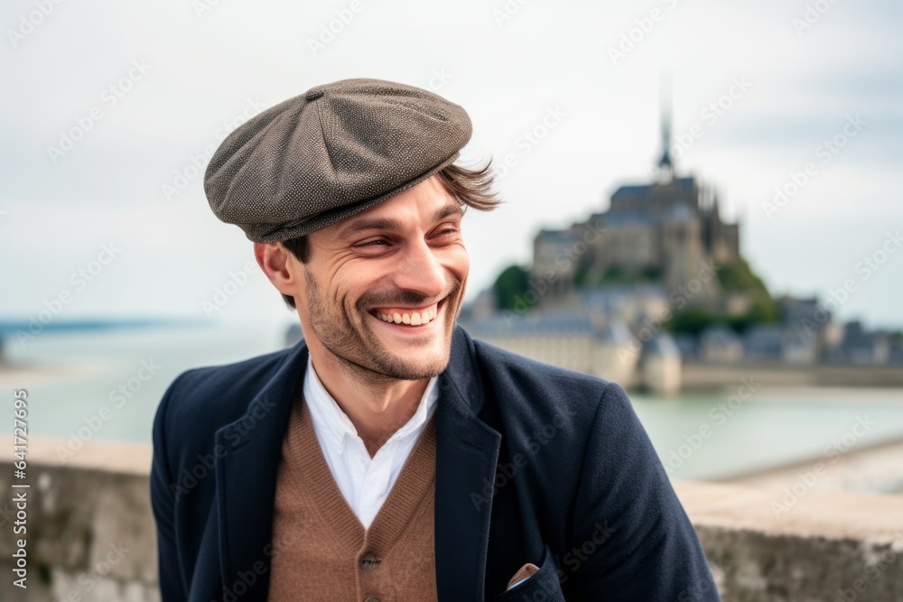 Headshot portrait photography of a satisfied boy in his 30s pinching fingers together donning a sophisticated pillbox hat at the mont saint-michel in normandy france. With generative AI technology