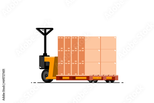 Hand pallet jack with paper box on isolated background, Vector illustration.