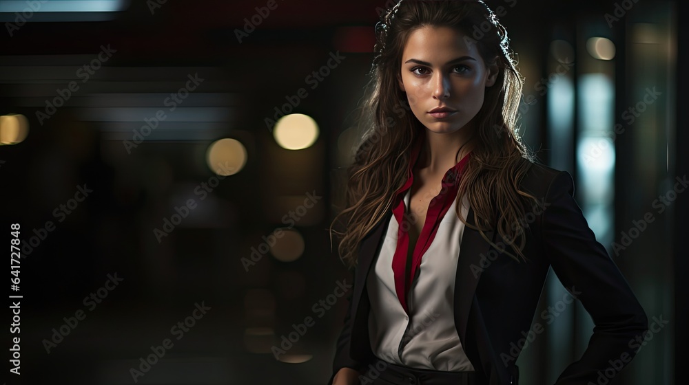 Fototapeta premium Artful capture of a model, shadowed in a dimly lit corporate setting, expressing feelings of trepidation