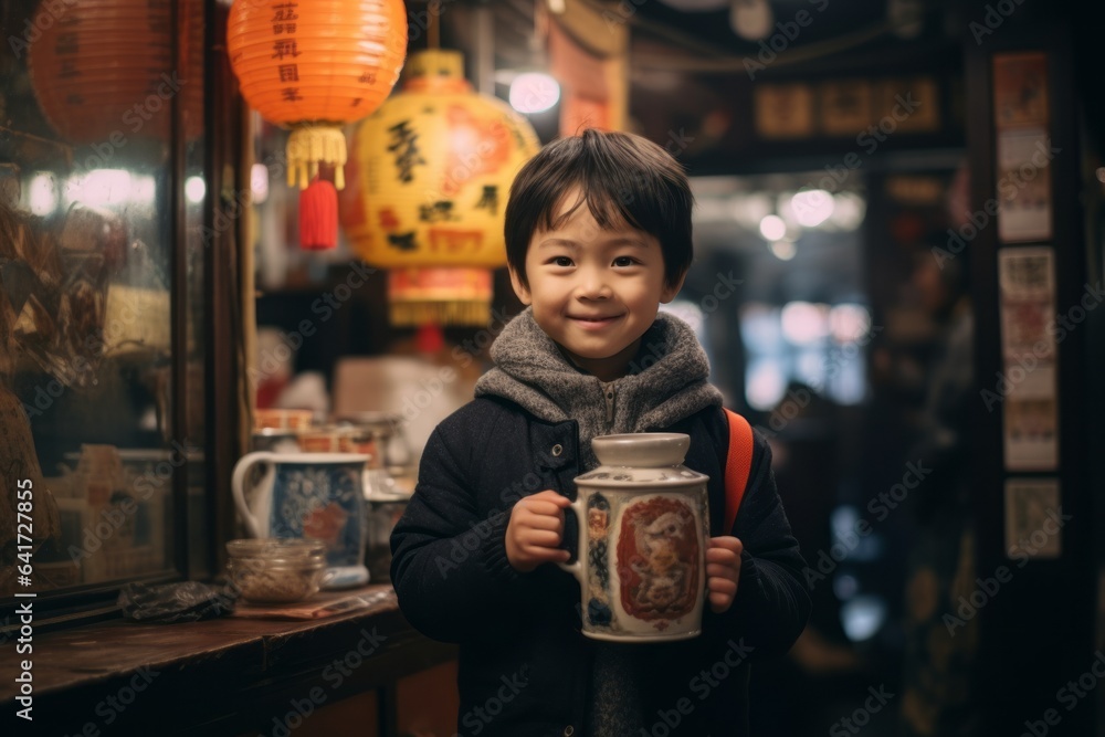 Medium shot portrait photography of a happy kid male holding a cup of coffee wearing an intricate lace top at the tsukiji fish market in tokyo japan. With generative AI technology - obrazy, fototapety, plakaty 