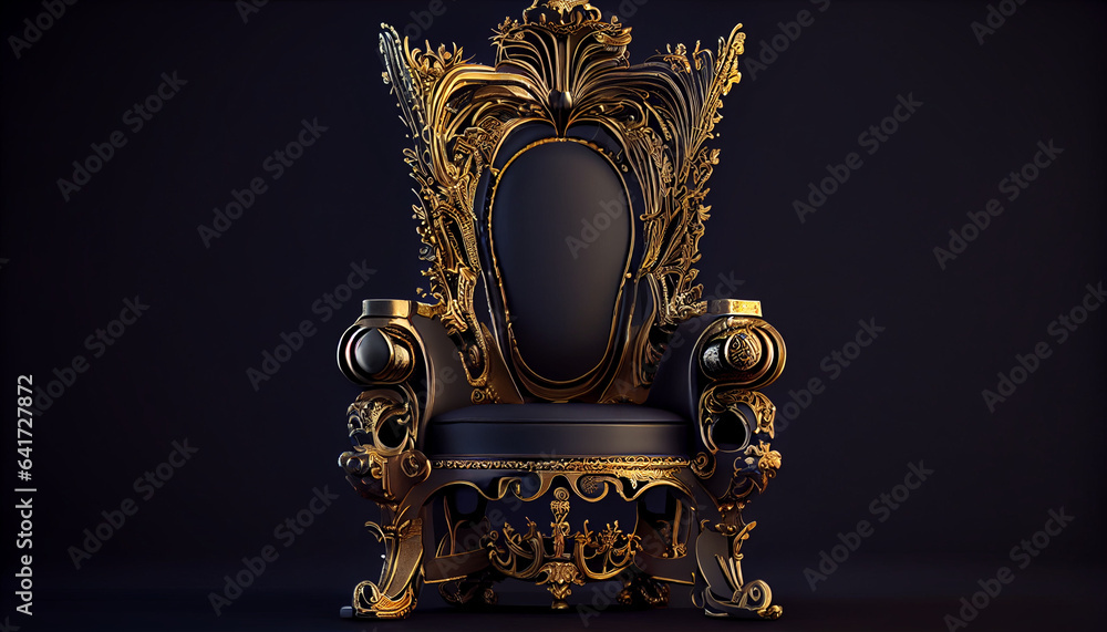 The Throne, Gold royal chair on a dark background. Place for the king, luxury golden armchair, Ai generated image The Throne, Gold royal chair on a dark background. Place for the king, luxury golden armchair, Ai generated image