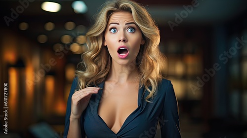 Depict a model in a corporate setting, receiving unexpected news, the emotion of shock and disbelief evident in their expression