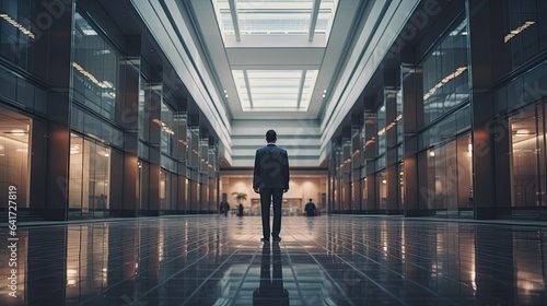 Frame a business model, appearing lost in a vast corporate hallway, representing the feeling of being adrift in corporate structures