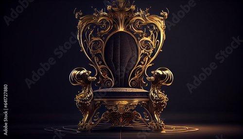 The Throne, Gold royal chair on a dark background. Place for the king, luxury golden armchair, Ai generated image photo