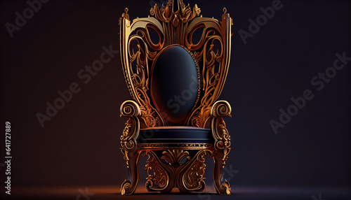 The Throne, Gold royal chair on a dark background. Place for the king, luxury golden armchair, Ai generated image photo