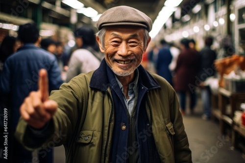 Close-up portrait photography of a blissful mature man making a 'come here' gesture wearing a chic cardigan at the tsukiji fish market in tokyo japan. With generative AI technology