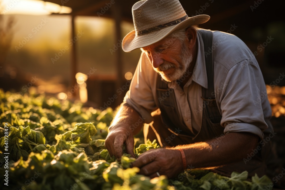 Portrait of senior farmer picking chard in his garden at sunset. Portrait of senior farmer picking chard in his garden at sunset.