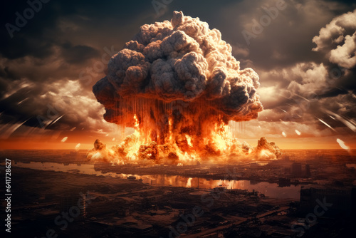 Huge fire explosive background, nuclear art, war scenes, photo-realistic, nuclear detonation, Hollywood explosion. explosion on desert. 