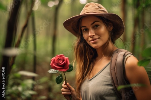 Medium shot portrait photography of a blissful girl in her 30s holding a rose sporting a cool snapback hat at the amazon rainforest in brazil. With generative AI technology © Markus Schröder
