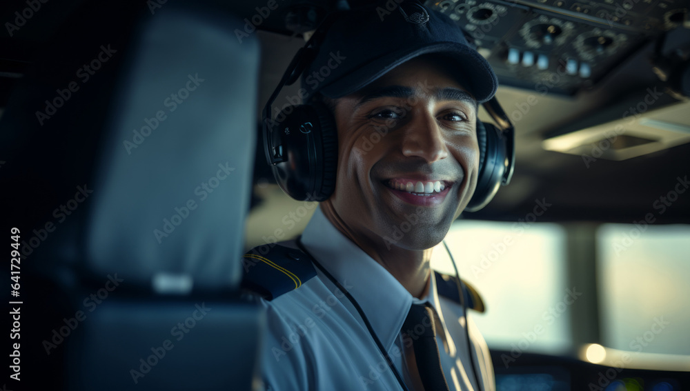 Smiling male airplane pilot ready for takeoff. Confident safe travel concept Smiling male airplane pilot ready for takeoff. Confident safe travel concept