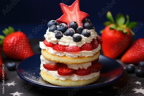 Red White and Blue strawberry layered shortcake for American Patriotic holiday. Close up. Generative AI.