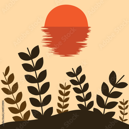 illustration of a tree with leaves sunset background