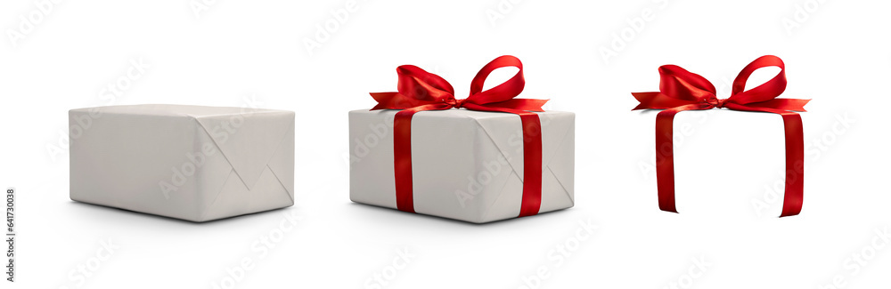 A side view of a wrapped Christmas present with a red bow made from ribbon isolated against a transparent background with spare ribbon to the right.