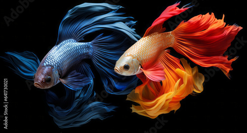 two Siamese fighting fish. Betta. Orange, blue. Black background.