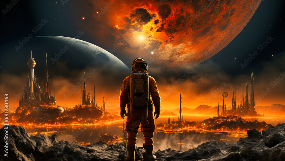 spacecraft man standing on mars looking out spacecraft man standing on mars looking out