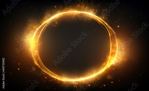 Golden circle with lighting up on black background.