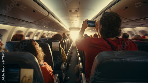 Passenger taking photo in airplane full of people. Bright light in front of cabin, crash concept